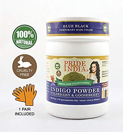 Pride Of India - Indigo Hair Color Powder w/Gooseberry & Falsedaisy - Blue Black Color, Half Pound (8oz - 227gm) - 1 Pair Free Gloves Included
