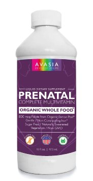 AVASIA Liquid Whole Food Prenatal Vitamins with 800 mcg Folate from Certified Organic Sources. Vegetarian, Non GMO, No Gluten. Made in the USA.