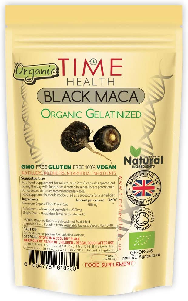 Gelatinized Black Maca Root - 2600mg Wholefood Equivalent - Peruvian - Soil Association Certified Organic - Vegan - GMP Standards - No Fillers, Binders or Flow Agents - Pullulan (120 Capsules)