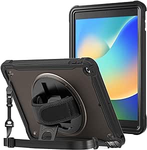 ProCase Rugged Case for iPad 9th/8th/7th Generation 10.2 inch 2021/2020/2019 Case, Heavy Duty Shockproof Rugged Cover with Hand Strap 360 Degree Rotatable Kickstand Protective for iPad 10.2 -Black