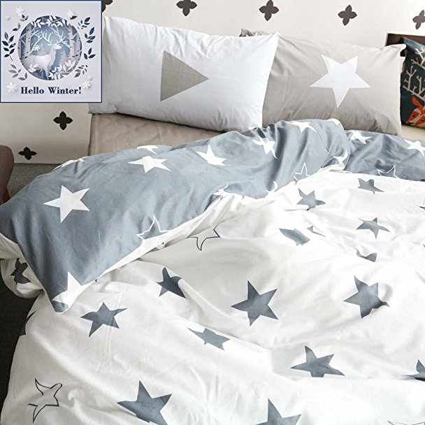 BuLuTu Kids Bedroom Five-pointed Stars US Twin Reversible Bedding Cover With 2 Pillowcases Cotton Duvet Cover Sets Grey/White For Boys And Girls (No Comforter)