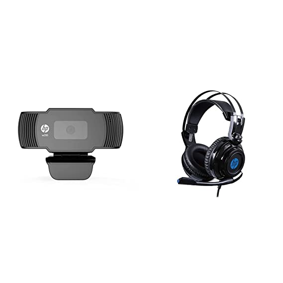 HP w200 HD 720P 30 FPS Digital Webcam (20L58AA, Black) & H200 Wired Gaming Over Ear Headphones with Mic/Compatible with PCs, Laptops and Other Devices, 8AA04AA (Black)