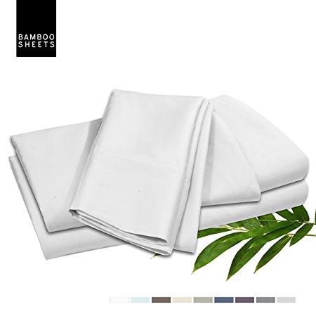 Bamboo Bed Sheet Set, White, Queen, Made From 100% Rayon Bamboo Cotton, Luxury Super Silky Soft, Extra Thick Corner Elastic Straps on Fitted Sheet, Flat Sheet & Pillowcases included, Machine Washable