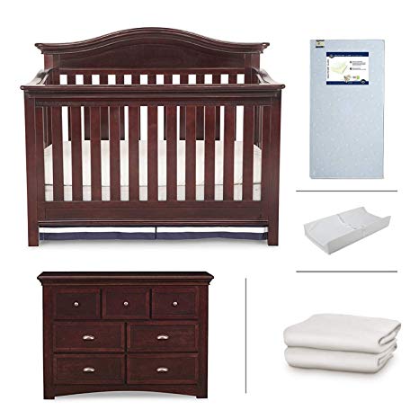 Nursery Furniture Set with Convertible Crib, Dresser, Crib Mattress, Changing Pad and Daybed/Toddler Guardrail by Simmons Kids – 5-Piece Augusta Collection in Molasses Brown