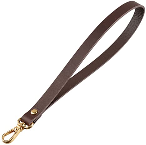 Genuine Leather Wrist Hand Strap Swivel Trigger Clip Snap Lobster Claw Clasp Handmade Key Ring Fob Lanyard (Dark Brown-Gold)