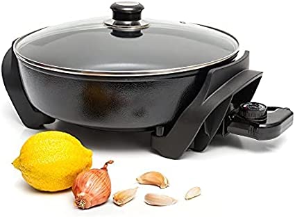 Moss & Stone Nonstick Electric Skillet 12 Inch Aluminum Electric Fryer With 2 Layers Of Non-Stick Coating | Adjustable Temperature Control | Lid With Steam Vent, Electric Deep Dish Skillet (Round Cooker)