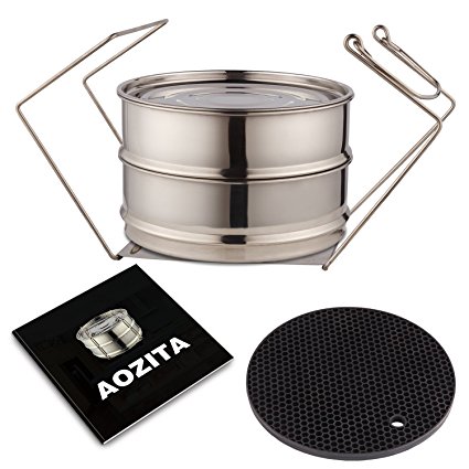 Aozita Stackable 2 Tier Stainless Steel Pressure Cooker Steamer Insert Pans with Lid and Handle, Silicone Heat Resistant Mat