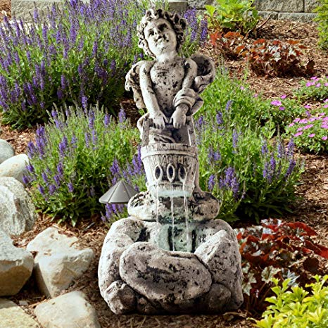Outdoor Water Fountain With LED Lights, Lighted Cherub Angel Fountain With Antique Stone Design for Decor on Patio, Lawn and Garden By Pure Garden