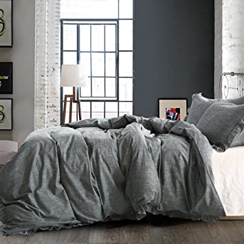 NTBAY Linen 3 Pieces Duvet Cover Set Solid Color with Exquisite Ruffles Design, Breathable, King Size, Grey