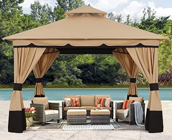 ABCCANOPY 10'x10' Outdoor Gazebo, Double Roof Patio Gazebo with Netting and Shade Curtains, Beige
