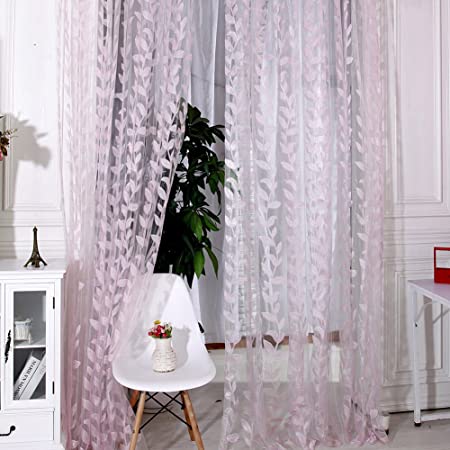 Norbi Decorative Leaf Tulle Voile Door Window ROM Curtain Drape Panel Sheer Scarf Valances (Pink)
