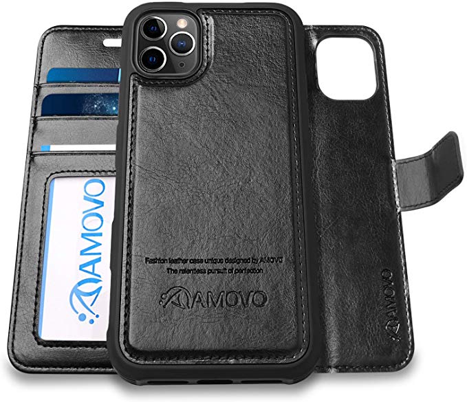 AMOVO iPhone 11 Pro Max Wallet Case [2 in 1 Detachable] Vegan Leather Case for iPhone 11 Pro Max (6.5’’) [Wristlet] [Kickstand] iPhone 11 Pro Max Folio with Gift Box Package (11ProMax (6.5'') Black)