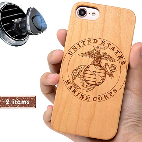 iProductsUS Military Phone Case Compatible with iPhone 8 7 6/6S Plus (ONLY) and Magnetic Mount-Real Wood Cases Engraved US Marine, Built in Metal Plate, TPU Rubber Shockproof Protective Cover (5.5")