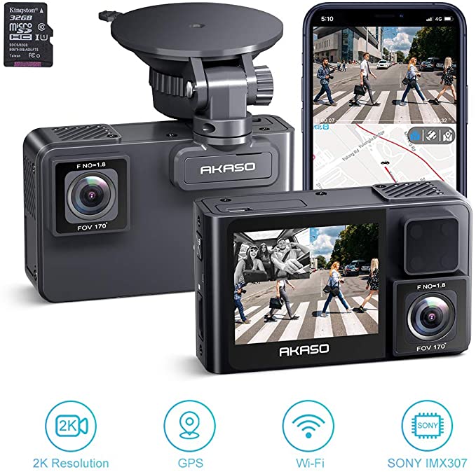 AKASO 2K Dual Dash Cam Built-in WiFi and External GPS, Front and Inside Car Camera Recorder with Sony Starvis Sensor 32GB Card Included (2020 New Version Trace 1 Pro)