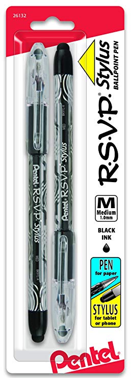 Pentel Rsvp Stylus Ballpoint Pen, Medium Line, Black Ink, Pack of 2 (BK91LBP2A)