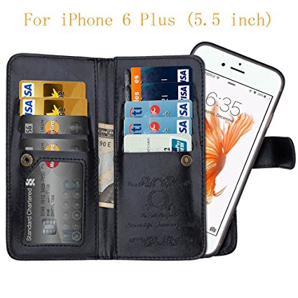 iPhone 6/6S Plus Flip Wallet Case, GEOTEL® 9 [Card Slot] Case [2 in 1][Magnetic][Detachable] [Flip Folio] [PU Leather Wallet] Case with [Wrist Strap] For Apple iPhone 6/6S Plus (5.5") (Black)