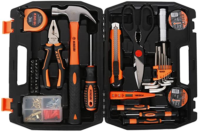 KSEIBI Home Tool Kit, General Household Small Hand Tools Set with Plastic Box Storage Case, 42-Piece Include Hammer, Pliers, Screwdriver Bits, Allen Key Wrench, Electric Tester (145070)