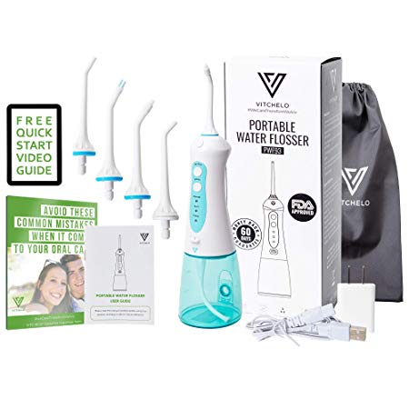VITCHELO New UPGRADED Rechargeable Cordless Portable Water Flosser Oral Irrigator Best for Global Travel - Dental Water Picks Electric Aqua Flosser w/ 4 Jet Tips for Braces Gum & Teeth Whitening