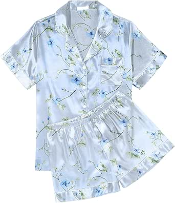 Ekouaer Womens Silk Satin Pajama Sets Soft Short Sleeve Button Down Sleepwear Top and Shorts 2 Piece Pjs Lounge Set S-XXL