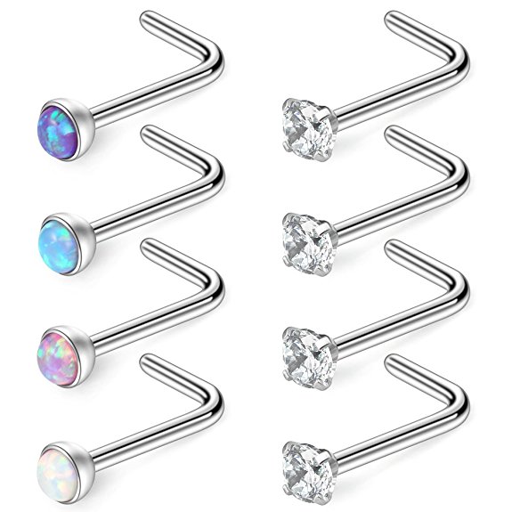 Ruifan 18G 316L Surgical Steel 1.5mm 2mm 2.5mm 3mm Jeweled Opal & Clear CZ Nose L-Shaped Rings Studs Ring Body Piercing Jewelry 8PCS