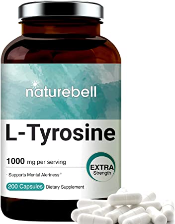 NatureBell L-Tyrosine Capsules, 1000mg Per Serving, 200 Capsules, Support Memory and Cognitive Health, No GMOs.