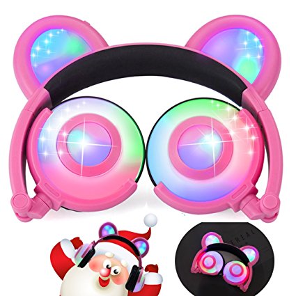 iGeeKid Kids Headphones Bear Ear-Inspired USB Rechargeable LED Backlight,Wired On/Over Ear Gaming Headsets 85dB Volume Limited for Girls,Boys,Compatible for Kids Tablet,iPad,iPhone,Android,PC(Pink)