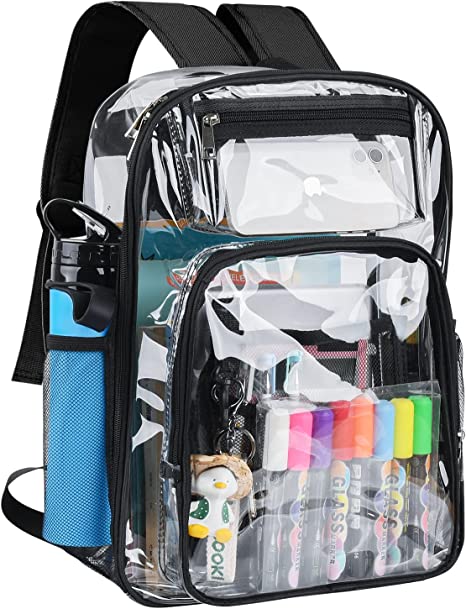 ANSUN Clear Backpack, Large Heavy Duty PVC Transparent Backpack for Kids and Adults, See Through With Reinforced Straps Backpack Clear Bookbag for School, Sports, Work, Travel, College, black