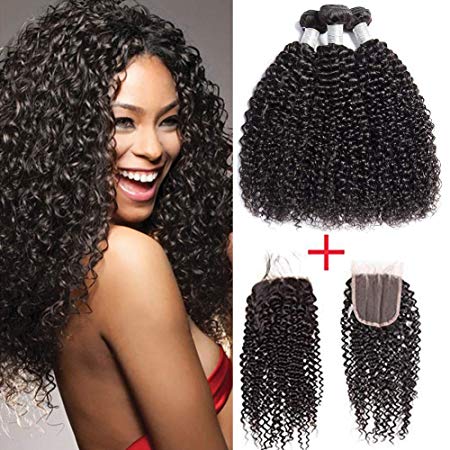 8A Brazilian Virgin Curly Hair 3 Bundles with 4×4 Free Part Lace Closure 14" 16'' 18"with12" Closure Brazilian Kinkys Curly Virgin Hair With Lace Closure(14'' 16'' 18"with12" closure)