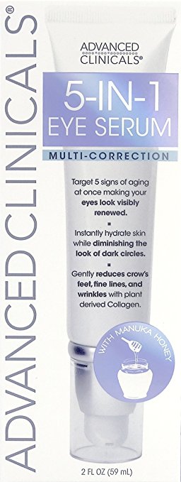 Advanced Clinicals 5-in-1 Multi Correction Anti-Aging Eye Serum with Retinol, Collagen, Vitamin C, and Manuka Honey. For dark circles, wrinkles, crow's feet, fine lines. Large 2oz airless tube.