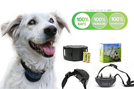 No Bark Collar By MO- No Harm Shock Dog Control, with 7 Levels of Correction and Adjustable Sensitivity   2 Bonuses Extra Battery   eBook "Training Your Dog".