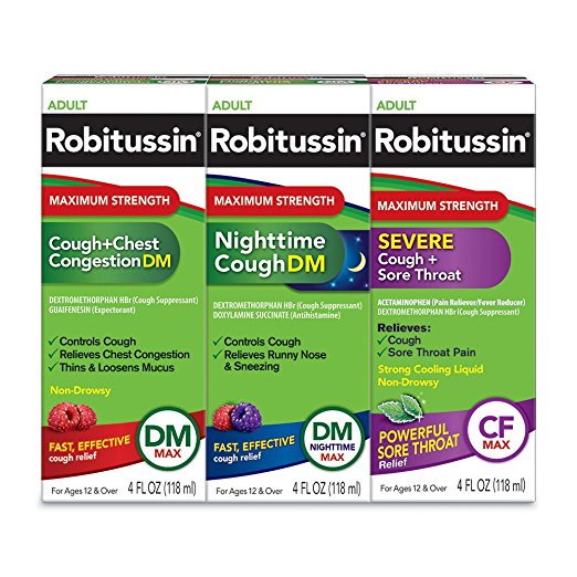 Robitussin Adult Maximum Strength Cough, Chest Congestion & Sore Throat Wellness Pack, Cough   Chest Congestion (4 FL OZ), Nighttime Cough (4 FL OZ), Severe Cough   Sore Throat (4 FL OZ)