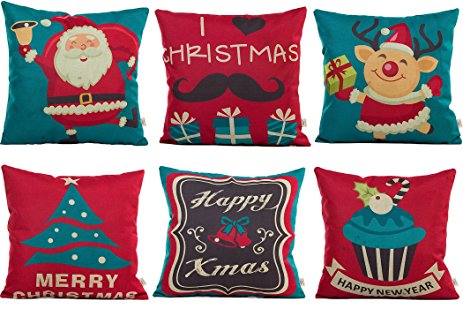 HOSL SD29 Merry Christmas Series Blend Linen Throw Pillow Case Decorative Cushion Cover Pillowcase Square 18" - Set of 6