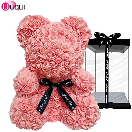 U UQUI Teddy Bear Rose Bear Artificial Rose Bear Cub, Forever Rose Everlasting Flower for Window Display, Anniversary Christmas Valentines Gift (10", Pink)