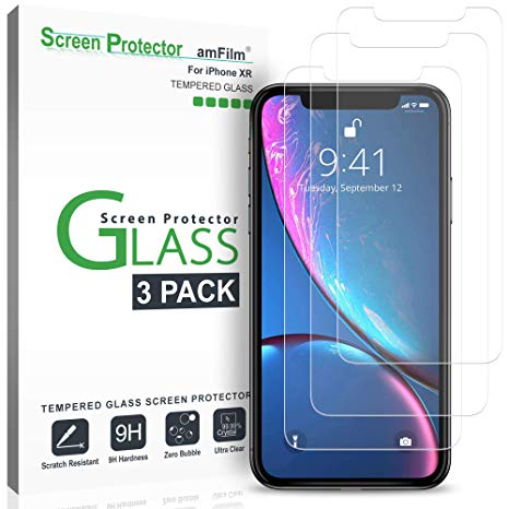 iPhone XR Screen Protector Glass (3-Pack), amFilm iPhone XR 6.1 Tempered Glass Screen Protector with Easy Installation Tray for Apple iPhone XR (6.1") (2018)