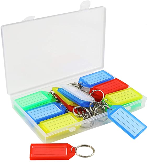 Kuqqi 30 Pack Colorful Plastic Key Tags with Container,Keys Identifier ID Labels with Split Ring Label Window,5 Assorted Colors