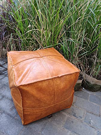 RISEON Unstuffed Boho Handmade Faux Leather Moroccan Pouf Footstool Ottoman Leather Poufs 17.7" x17.7" -Square Floor Cushion Footstool for Living Room, Bedroom and Under Desk (Yellow)