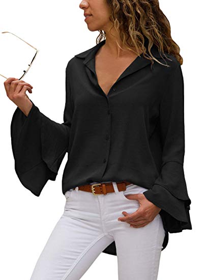 FARYSAYS Women's Bell Sleeve V Neck Button Down T-Shirts Casual Blouses Tops