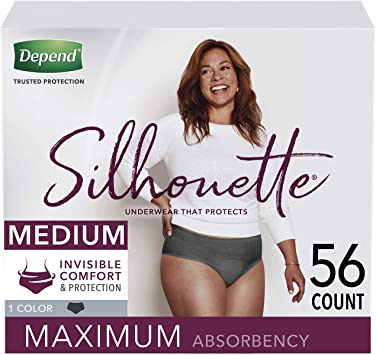 Depend Silhouette Incontinence & Postpartum Underwear for Women, Maximum Absorbency, Disposable, Medium, Black, 56 Count (2 Packs of 28) (Packaging May Vary)