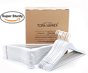 TOPIA HANGER Extra Strong White Wooden Suit Hangers, Luxury Wood Coat Hangers, Glossy Finish with Extra Thick Hooks&Anti-slip Bar 16-Pack CT01W
