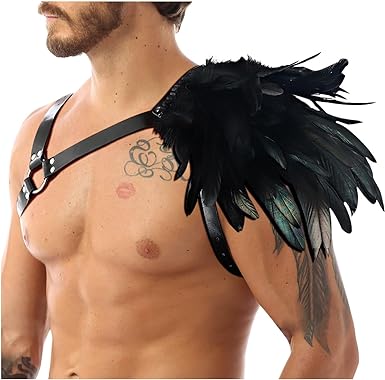L'VOW Gothic Feather Harness Costume for Men Adjustable Faux PU Leather Shoulder Armor Medieval Guards for Halloween Cosplay