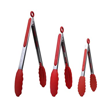 WeTest Stainless Steel Cooking Tongs,Set of 3(7/9/12 Inch),Red