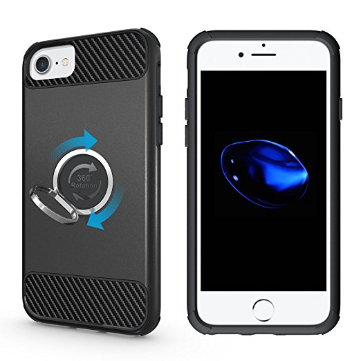 iPhone 7 Case, Drop Protection Dual Layer Advanced Shock Absorption Protective with 360 Degree Rotating Ring Grip Holder Kickstand Heavy Duty Bumper
