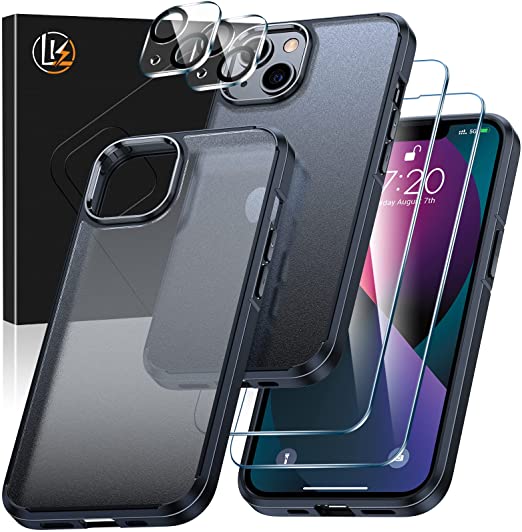 [5-in-1] LK for iPhone 13 Case, 2 Pack Tempered Glass Screen Protector 2 Packs Lens Protector,Matte-Finish, All-Round Protection, Shockproof, Anti-Scratches Kit for iPhone 13 case