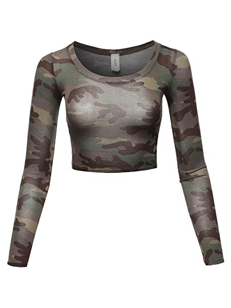 Women's Basic Solid Stretchable Scoop Neck Long Sleeve Crop Top