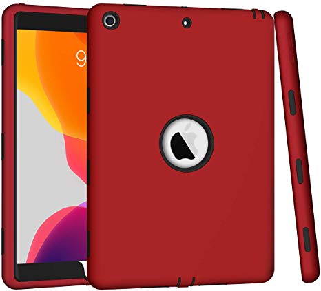 Hocase iPad 7th Generation Case, iPad 10.2 2019 Case, Heavy Duty Protection Soft Shock Absorbing Silicone Rubber Bumper Hard Plastic Dual Layer Protective Case for iPad A2197, A2198, A2200 - Red