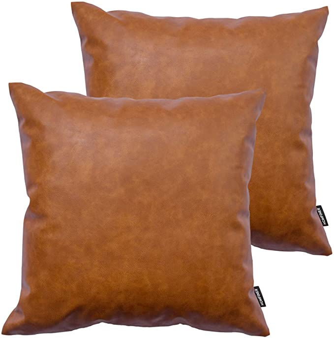 HOMFINER Faux Leather Throw Pillow Covers 24x24 inch, Set of 2 Thick Cognac Big Extra Large Brown Modern Solid Decorative Square Minimalist Cushion Cases for Couch Bed Sofa