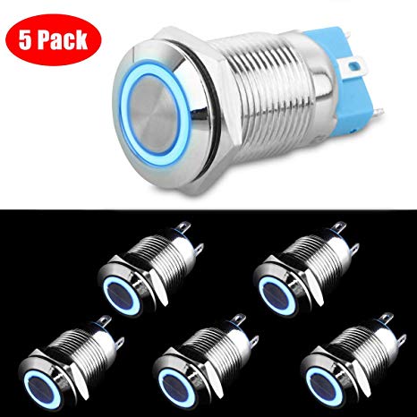 Linkstyle 5Pcs DC 12V/24V Metal Latching Push Button Switch, 4 Pin Car RV Truck Boat SPDT ON/OFF Switch, Waterproof Self-Locking Round Marine Switch with Blue LED Light for 12mm 1/2" Mounting Hole