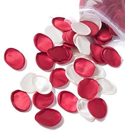 UNIQOOO 450Pcs Silk Satin Rose Petals for Weddings | Burgundy Red & White Fake Rose Decorations, Great for Wedding Party, Bridal Shower Decor l Flower Girl & Aisle Petals - Extra 6 Organza Toss Bags