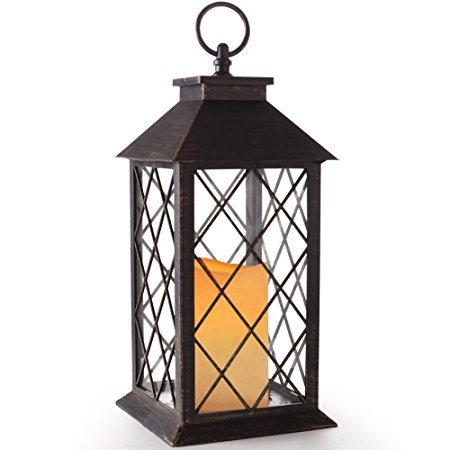 BRIGHT ZEAL 14" TALL Vintage Candle Lantern with LED Flickering Flameless Candles and Timer (Distressed BRONZE) - LED Candle Lanterns Decorative - Candles & Holders - Indoor Outdoor Hanging Lights