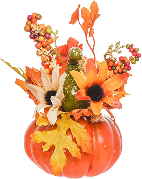 Mini Artificial Pumpkin with Flower and Maple Leaf Outdoor Halloween Autumn Thanksgiving Tables Centerpieces Decorations
